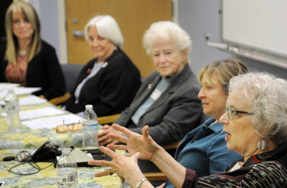 Helen Stevens responds to a question about women's rights during a panel discussion on Monday at Gardiner Area High School. The panel was composed, from right, of Stevens, Karen Tucker, Julia Walkling, Gilda Nardone and moderator RayeAnne DeSoto.