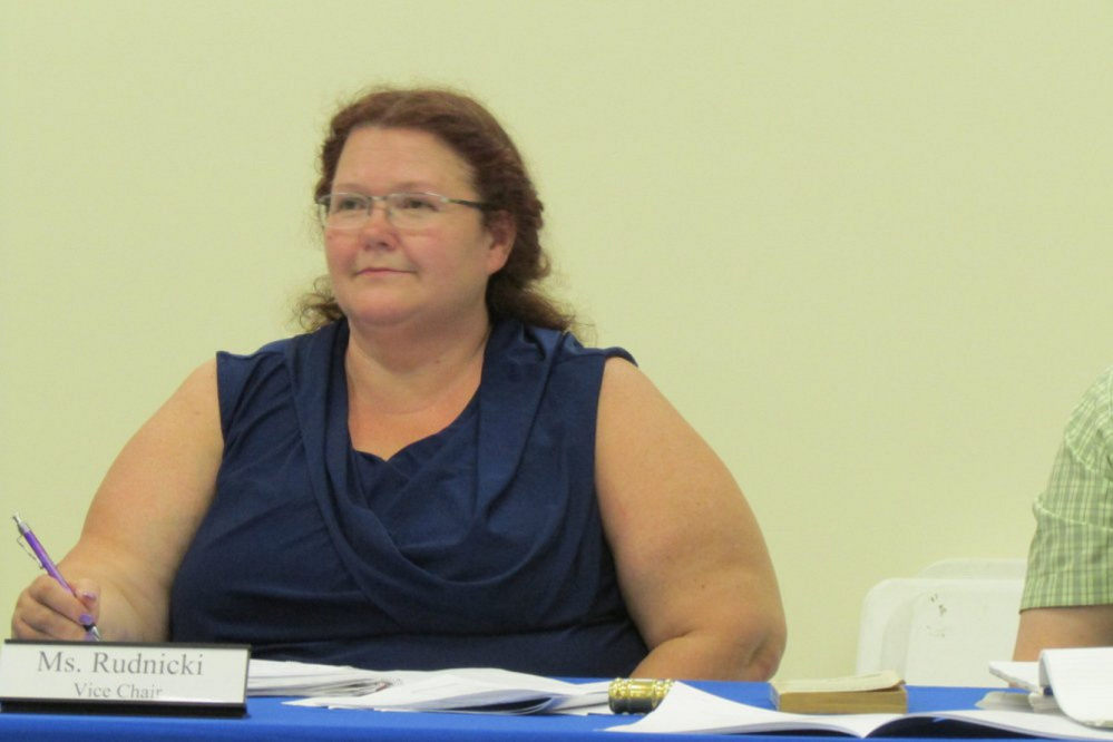 School Administrative District 49 Chairwoman Shelley Rudnicki, of Fairfield, listens to discussion during the 2015 district budget meeting. Voters will take up this year's budget Monday night.