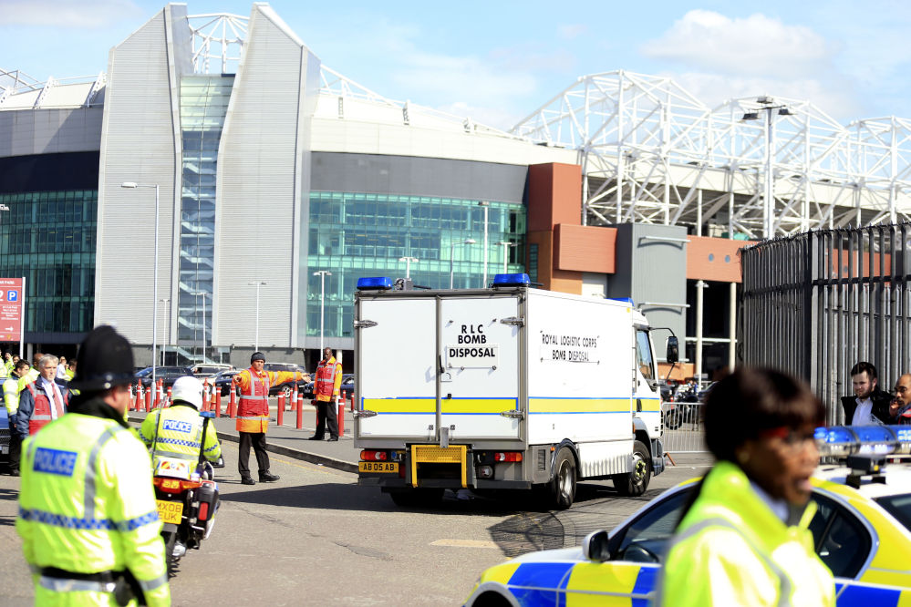 A police bomb disposal unit sits outside Old Trafford stadium after Sunday's final match of the season between Manchester United and AFC Bournemouth was abandoned due to a suspect package being found inside the stadium.