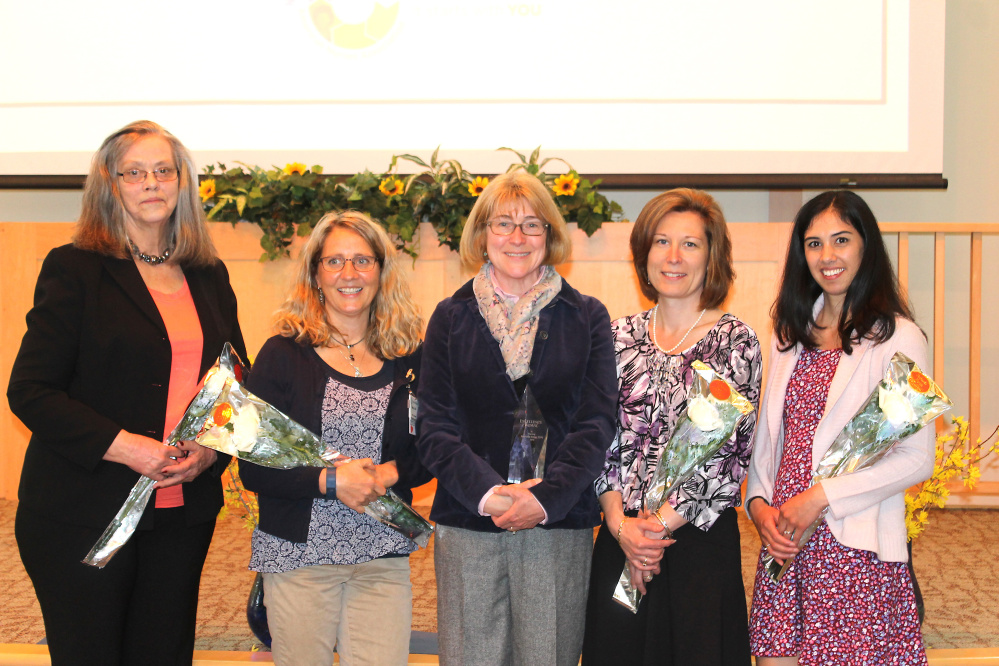 Franklin Memorial Hospital Excellence in Nursing award nominees included, from left, Valerie Farrington, ICU; Mary Cyr, wound care; award winner Annette Tripp, maternal and child health; April Smith, medical/surgical unit; and Tammy White, day surgery. Tripp was presented with her award May 5.