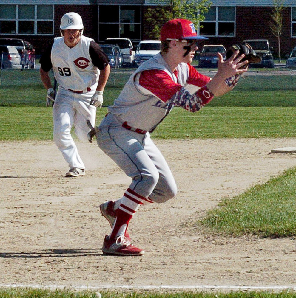 Messalonskee third baseman Dylan Brown fields a grounder as Cony runner Sean Cummings heads to third base during a Kennebec Valley Athletic Conference Class A game Monday afternoon.