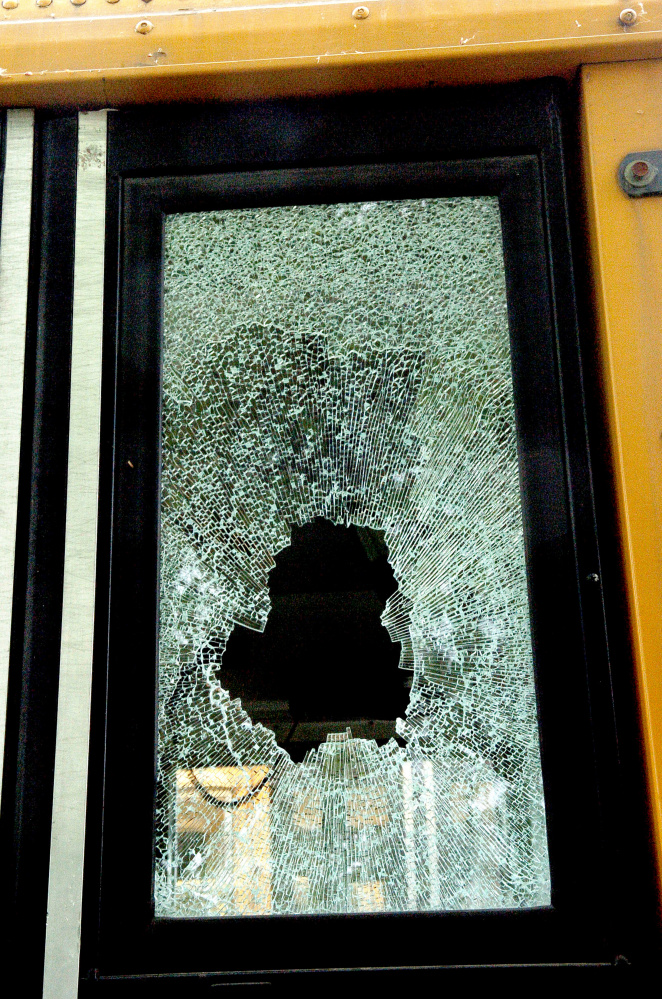 A window in one of several SAD 54 spare school buses was shattered recently.