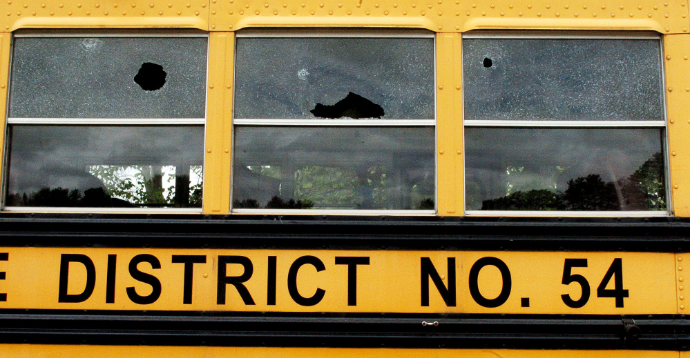 Vandals shattered many windows in SAD 54 school buses in Skowhegan.