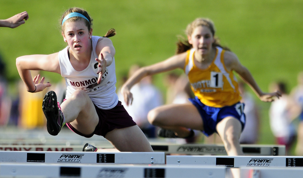 Monmouth's Emily Grandahl competes in the 100-meter hurdles during a meet last Friday at Alumni Field in Augusta.