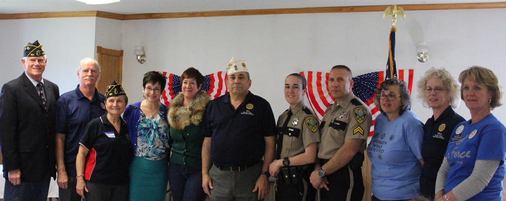 Volunteers George Thomson, left, and Greg Couture, Post 181 Litchfield; event organizer Deb Couture; guest speaker Rep. Gay Grant; speaker Laura Allen, State of Maine Bureau of Veteran's Services; Speaker Deo Laurias, American Legion State Service Officer; volunteers Deputy Jess Poulin and Cpl Ivano Stefanizzi, Kennebec County Sheriff's Office; Event Organizer Denise Emery; Service Officer Eileen Krawczyk, and Speaker LaRhonda Harris, Togus Women Vets Coordinator.