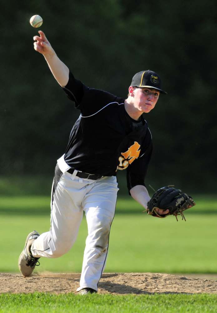 Marancook pitcher Jason Brooks delivers a pitch during a Kennebec Valley Athletic Conference Class B game against waterville on Friday in Readfield.