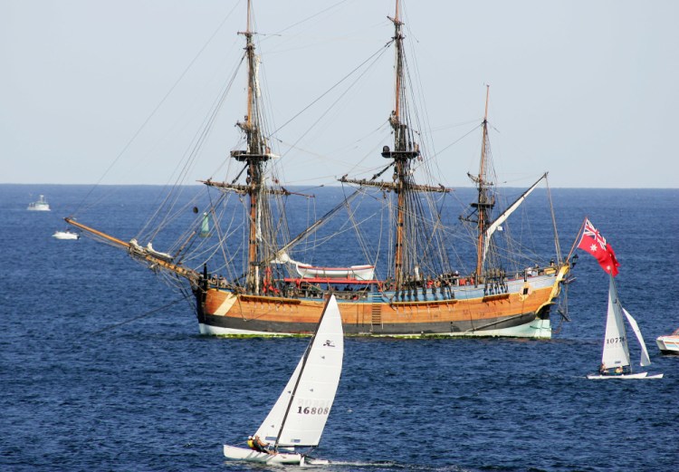 A replica of the ship HMS Endeavour lies at anchor in Botany Bay, Sydney. Researchers  believe the original Endeavour is submerged somewhere in Rhode Island's Newport Harbor.