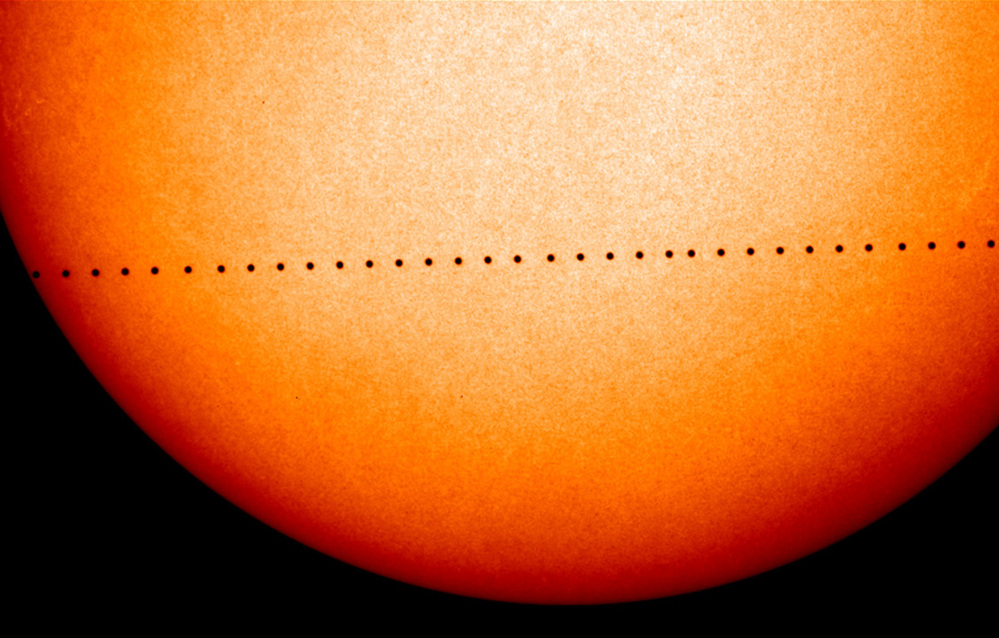 This composite image of observations by NASA and the ESA's Solar and Heliospheric Observatory shows the path of Mercury during its November 2006 transit.