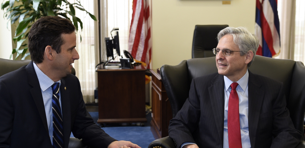 Supreme Court nominee Merrick Garland, right, meets with Sen. Brian Schatz, D-Hawaii, left, on Capitol Hill in Washington, Tuesday, May 10, 2016. (AP Photo/Susan Walsh)