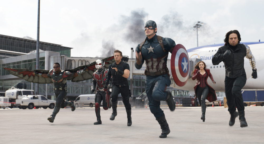From left, Anthony Mackie, Paul Rudd, Jeremy Renner, Chris Evans, Elizabeth Olsen and Sebastian Stan charge ahead in "Captain America: Civil War."