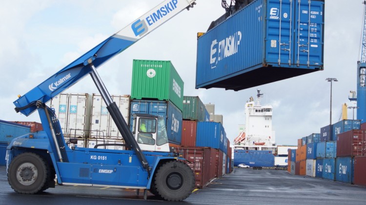Improvements to the Port of Portland's infrastructure have been part of the shipping business resurgence. The Maine Port Authority invested in a reach stacker like the one above at Eimskip in Reykjavik, Iceland.