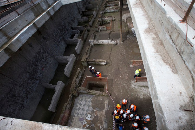 A view of ancient roman ruins discovered during work on a new underground line, in Rome.
