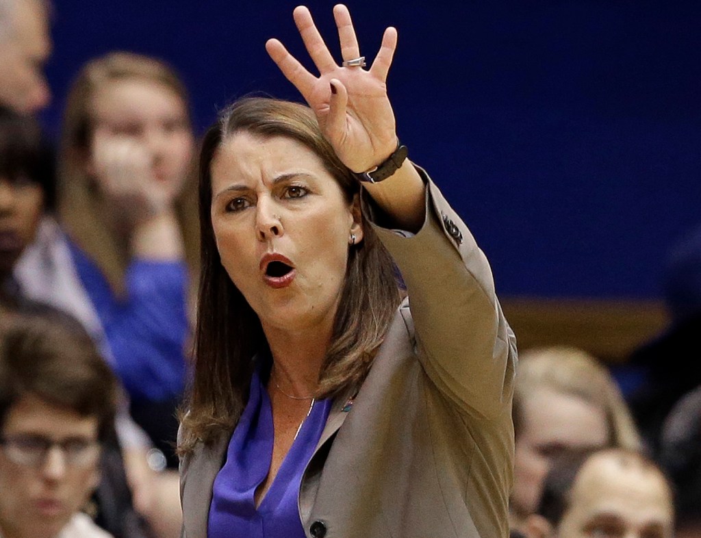Joanne P. McCallie coaching the Blue Devils at a 54-52 victory over Albany in March 2015. 
