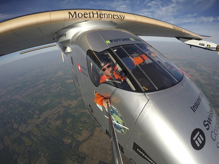 Bertrand Piccard takes a selfie on board the "Solar Impulse 2" during his flight from Dayton, Ohio to Allentown, Pa.