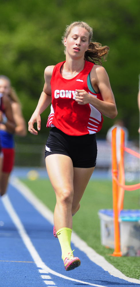 Cony's Anne Guadalupi runs the 800 meters at the Kennebec Valley Athletic Conference championship meet Saturday at McMann Field in Bath.