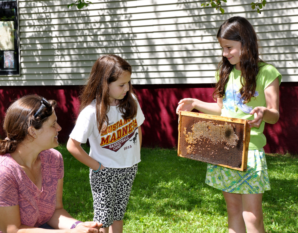 June Foyt talks about the life cycle of honeybees with Henry L. Cottrell Elementary School teacher Jenora Schultz and first-grader Lillian Palleschi on Wednesday as part of the 10th annual Farm Days held at the Monmouth school.