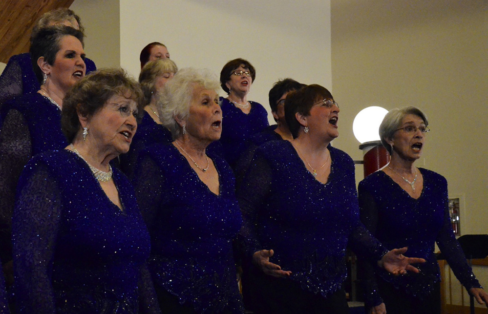 Contributed photo
Maine-ly Harmony singers perform in Brunswick. From left are Candace Pepin and Betty Avery of Augusta, Martha Tate of Whitefield, Nancie Hugenbruch of Fayette, Sue Staples of Bangor and Dotti Meyer of Jefferson.
