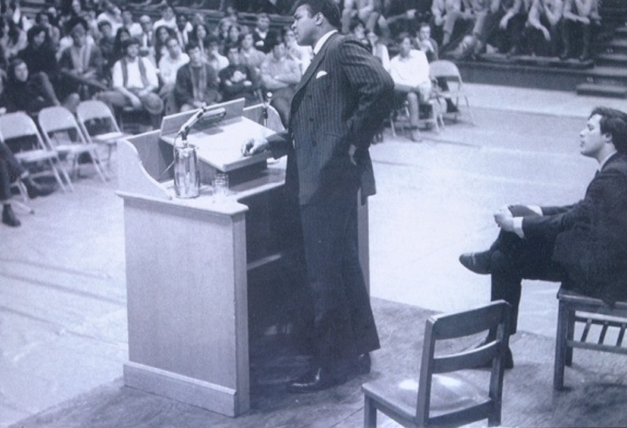Muhammad Ali speaks at Wadsworth Gym at Colby College in Waterville in March 1970.