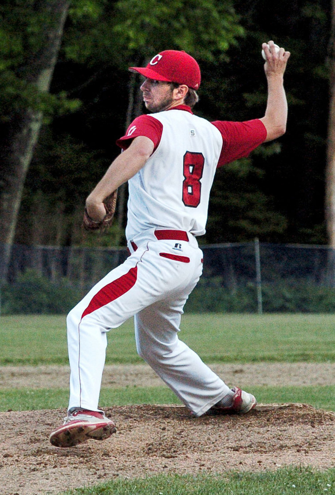 Cony's Justin Rodrigue throws against Messalonskee on Monday in Oakland.