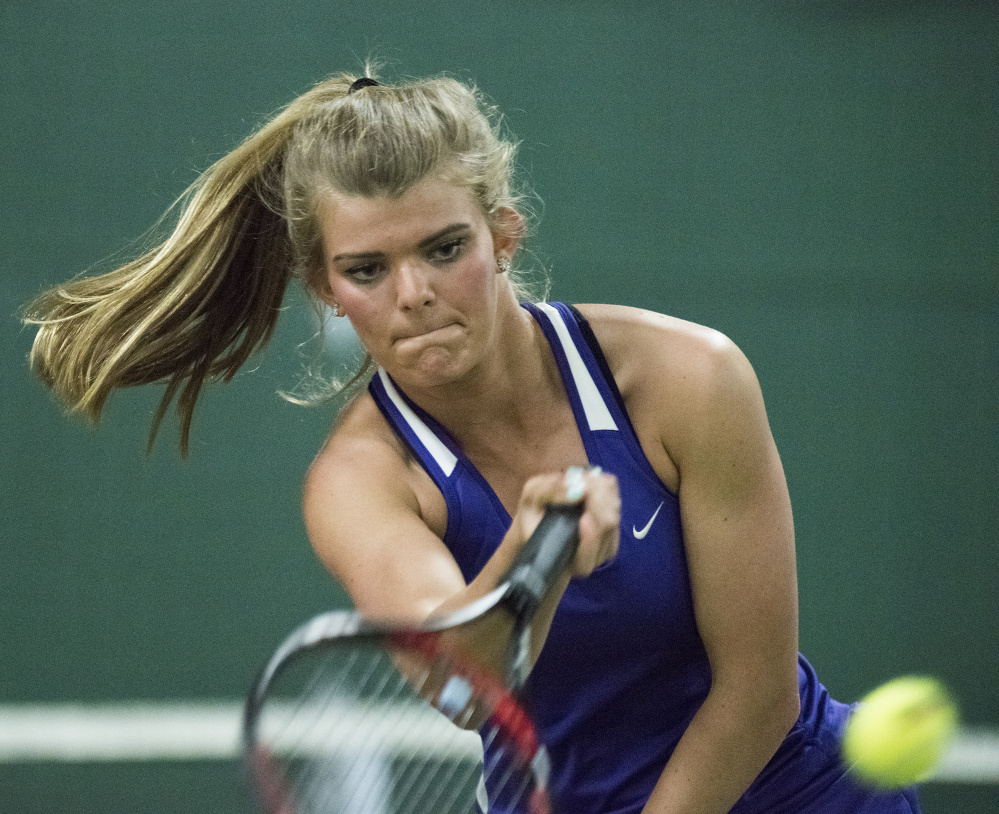 Waterville No. 1 singles player Emma Cristan competes against Camden's Jana Spicker during the Class B North finals Tuesday at the Armstrong Tennis Center in Hampden.