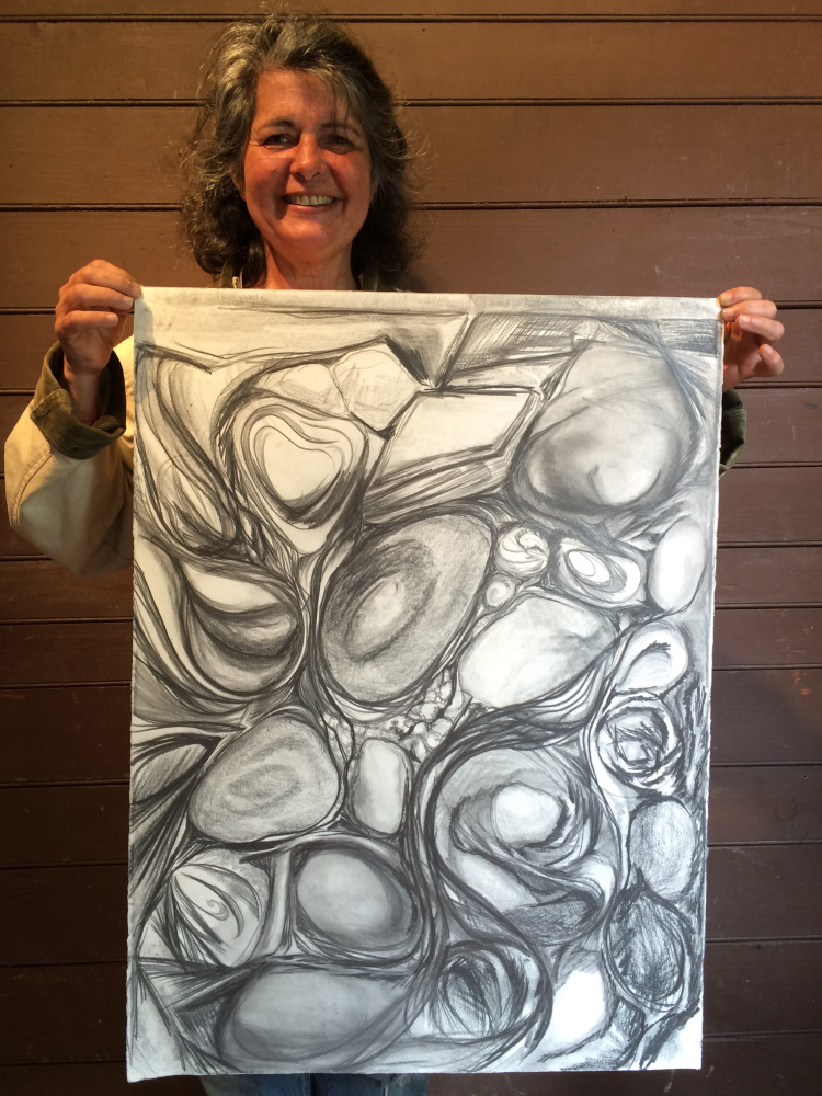 Roz Welsh, artist member of Stable Gallery with her drawing from "The Drawing Room."