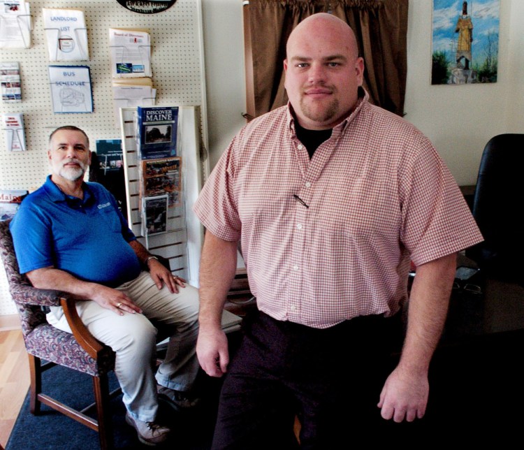 Jason Gayne, right, is the new interim director of the Skowhegan Chamber of Commerce. At left is Dan Plante, board chairman for the organization.