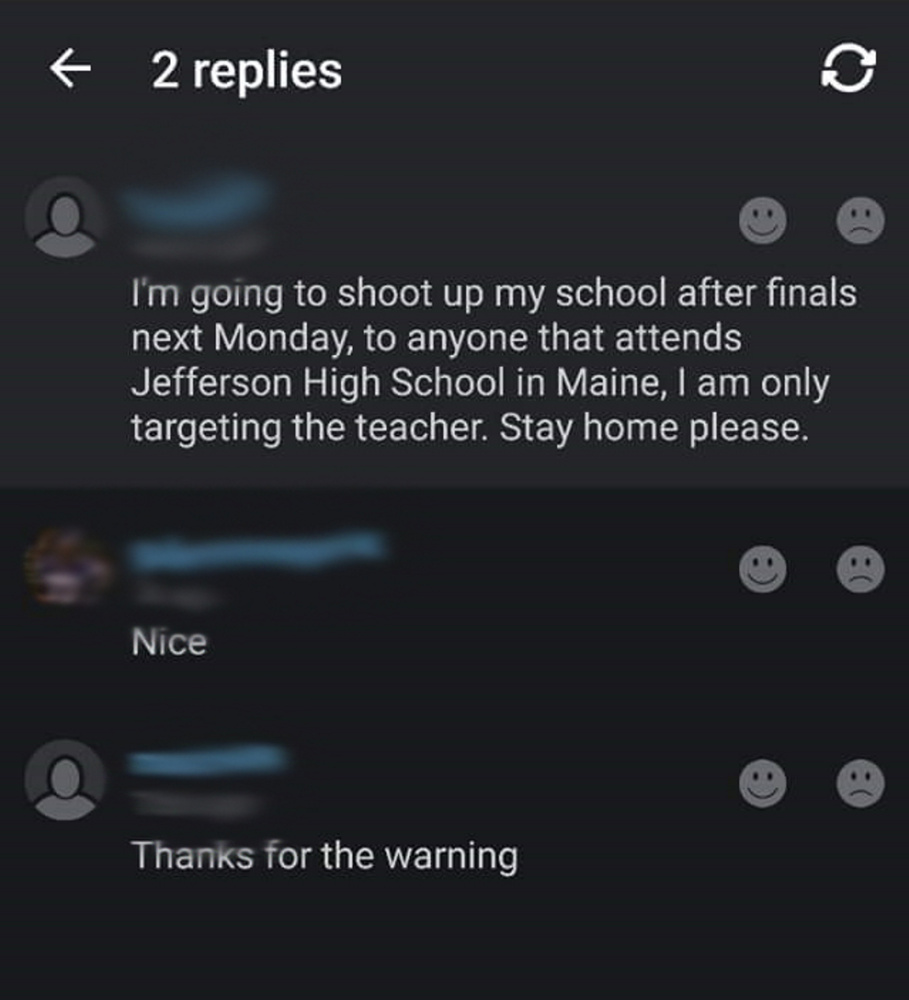 Lincoln County Sheriff's deputies released this image of a threat posted online that referred to Jefferson High School in Maine, which does not exist.