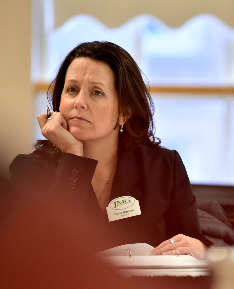 Waterville Councilwoman Dana Bushee listens during the city budget review in March. Bushee n Tuesday night moved that the council not cut money to Waterville Main Street and the code enforcement position, but a majority of councilors opposed her during non-binding voting.