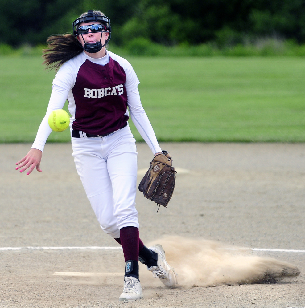 Richmond starter Meranda Martin delivers a pitch during a Class D South semifinal Friday against Greenville in Richmond. The Bobcats won, 18-1 in a five-inning game.