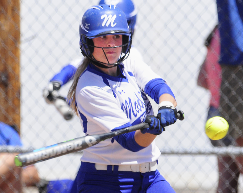 Madison slugger Erin Whalen makes contact during the Class C state championship game Saturday against Bucksport at St. Joseph's College in Standish.
