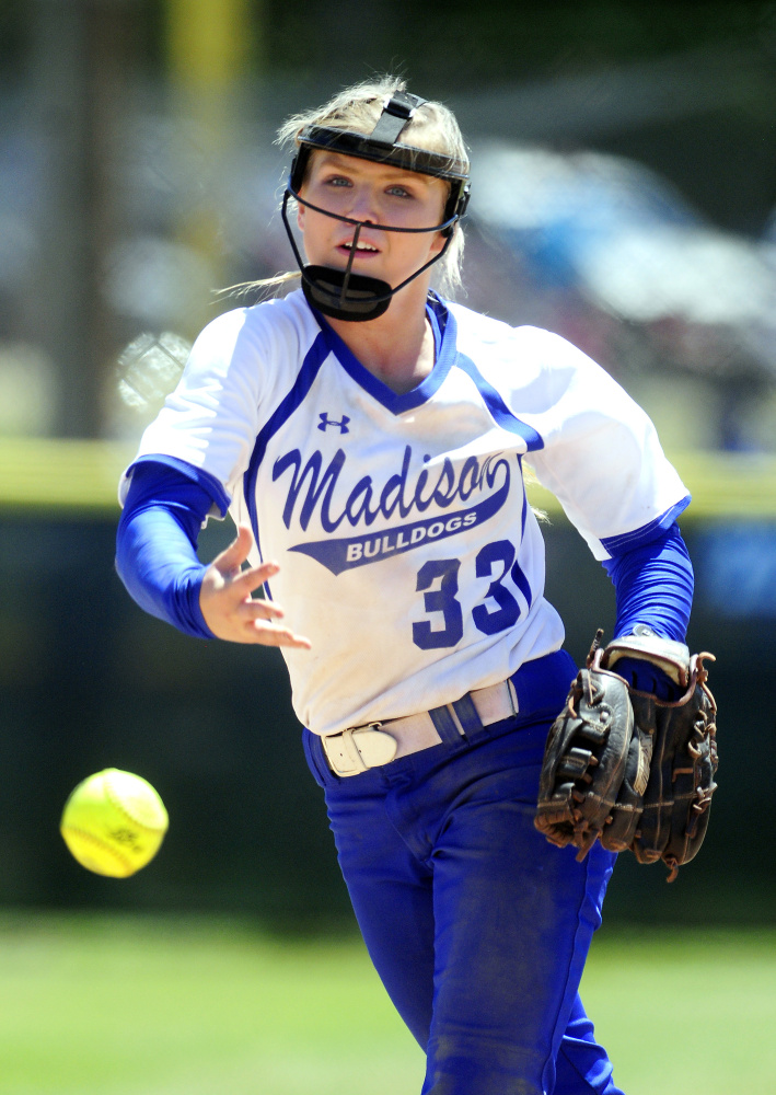 Madison pitcher Madeline Wood delivers a pitch in the Class C state title game against Bucksport on Saturday afternoon at St. Joseph's College in Standish.