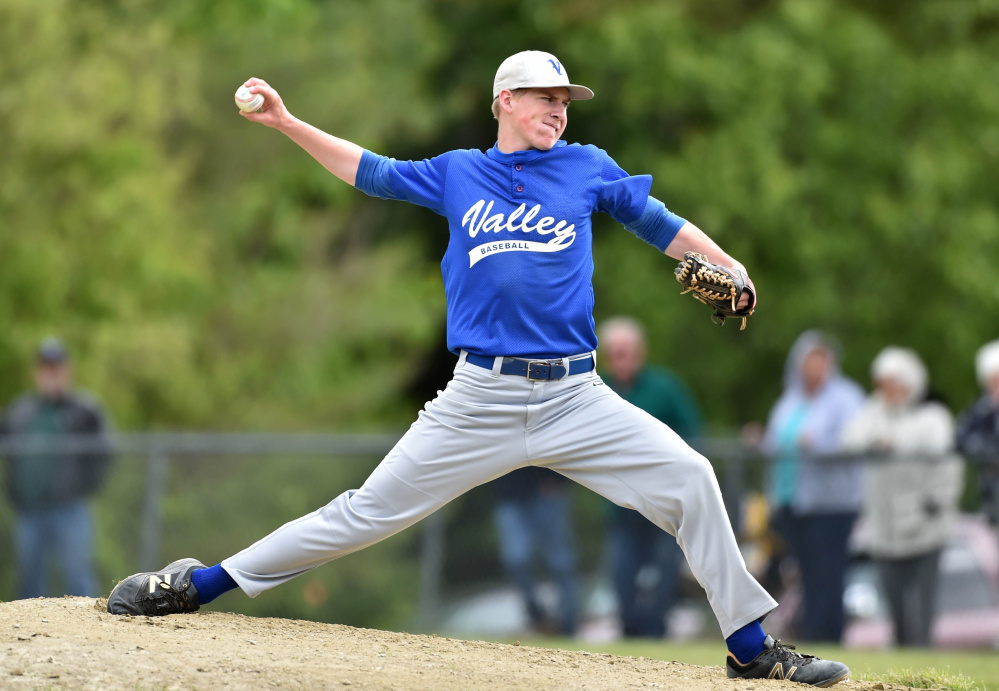 Valley senior pitcher Cody Laweryson delivers a pitch during a Class D South semifinal against Richmond earlier this month. Laweryson is a finalist for the Dr. John Winkin award, which be annoucned Friday night at Colby College.