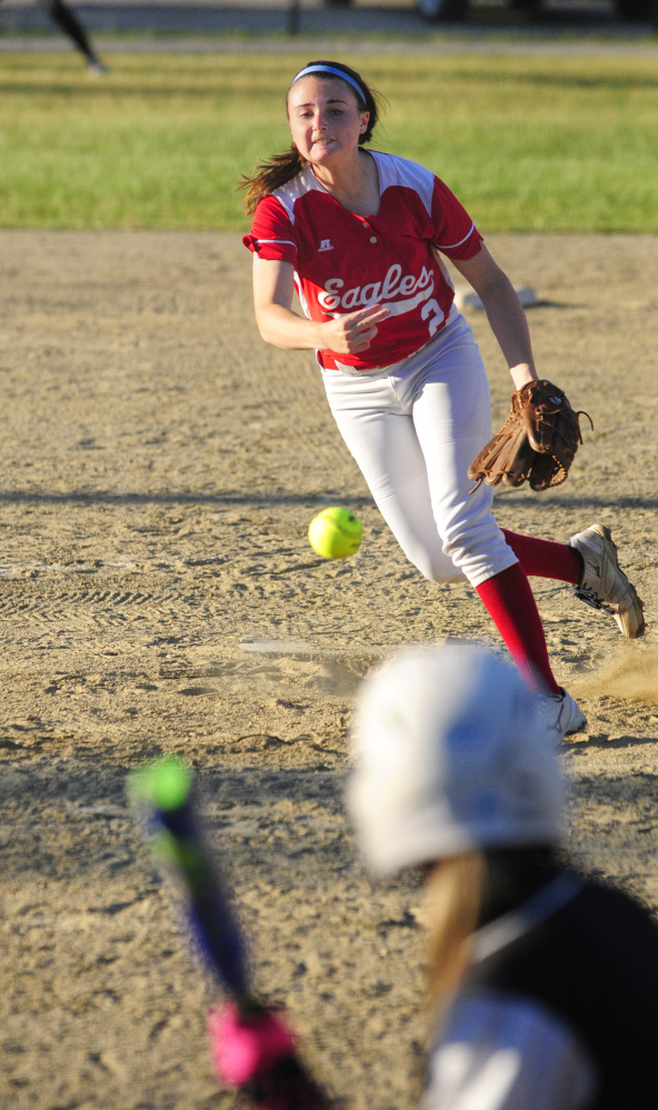Messalonskee pitcher Kirsten Pelletier pitches for the North squad during the A/B all-star game Thursday night at Cony Family Field in Augusta.