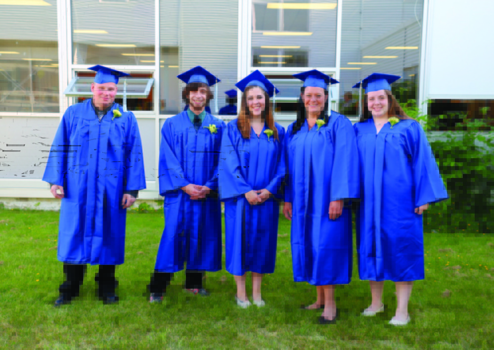 School Administrative District 11 Adult Education graduates, from left, are Jesse Duke, Bruce Hibbard, Taylor Farrington, Shilo Griffin, and Mikayla Merrill. Absent: Corey Bolduc, Milton Libby, Holly Mayo and Olivia Perkins.