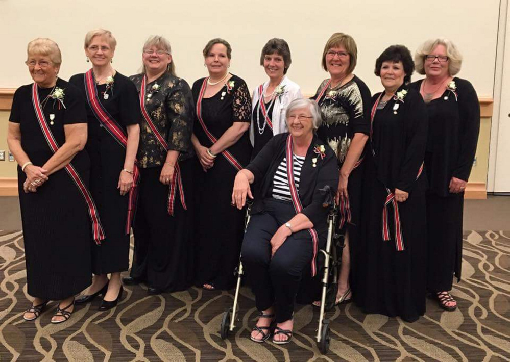 American Legion Auxiliary, Department of Maine, elected new slate of state officers for 2016-2017 on June 18 at Cross Insurance Center in Bangor. They are, from left, Arms Betty Seeley, of Belfast, sergeant at arms; Mary Jane McLoon, of Damariscotta, National Executive Committeewoman; Ann Durost, of Bar Harbor, vice president; Ginny Chaput, of Belfast, historian; Michelle McRae, of Oakland, secretary; Veronica Gurney, of Fairfield, president; Joan Caron, of Sabattus, chaplain; Debra Marr, of Rockland, NECA; and seated, Brenda King, of Camden, treasurer.