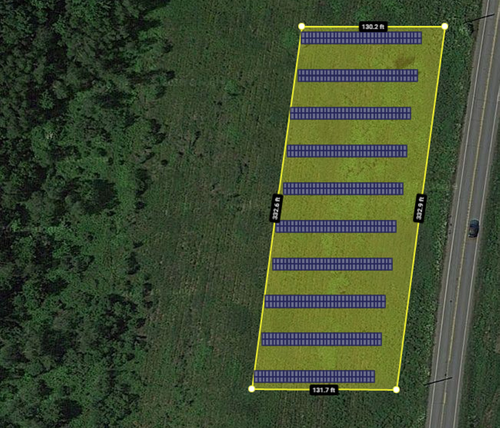 An overlay shows how a solar farm on land along Route 32 in China will look as approved Tuesday night by the Planning Board. The community solar farm will have up to 650 panels.