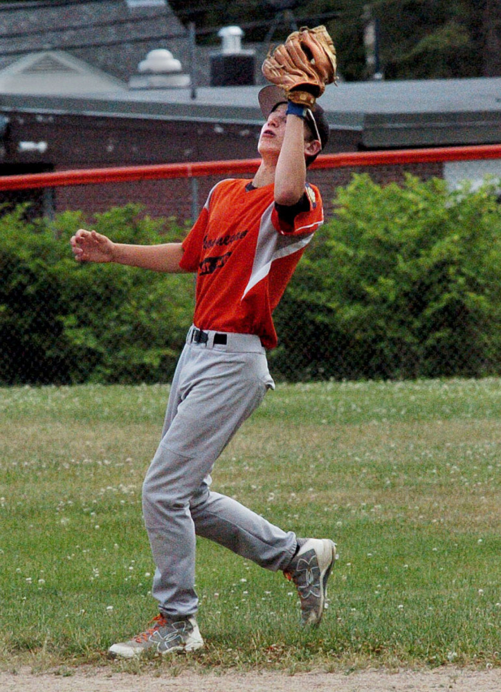 Skowhegan's Josh Brown catches a fly ball during a junior American Legion game Tuesday against Messalonskee at Memorial Field in Skowhegan.