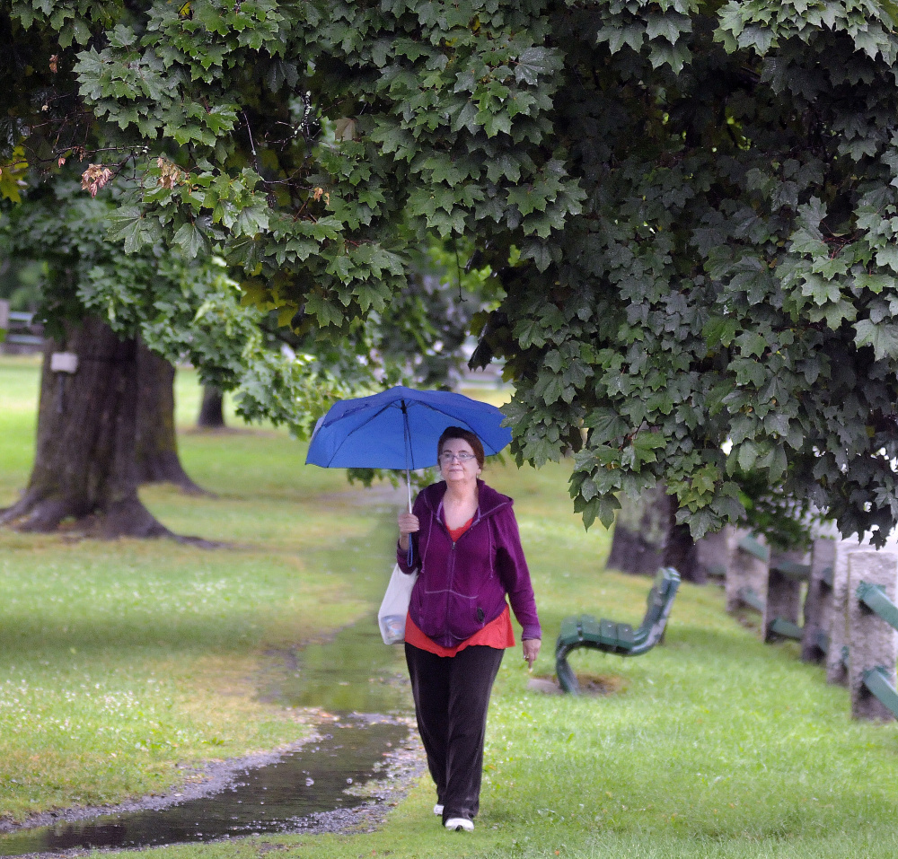 Jaye Chute strolls on Wednesday beneath maples during a downpour at the Gardiner Common. The rain, she said, got her motivated. "That's why I'm out here," Chute said.