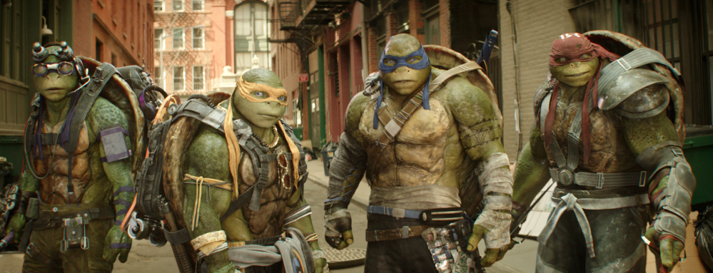 From left, Donatello, Michelangelo, Leonardo and Raphael in a scene from "Teenage Mutant Ninja Turtles: Out of the Shadows."