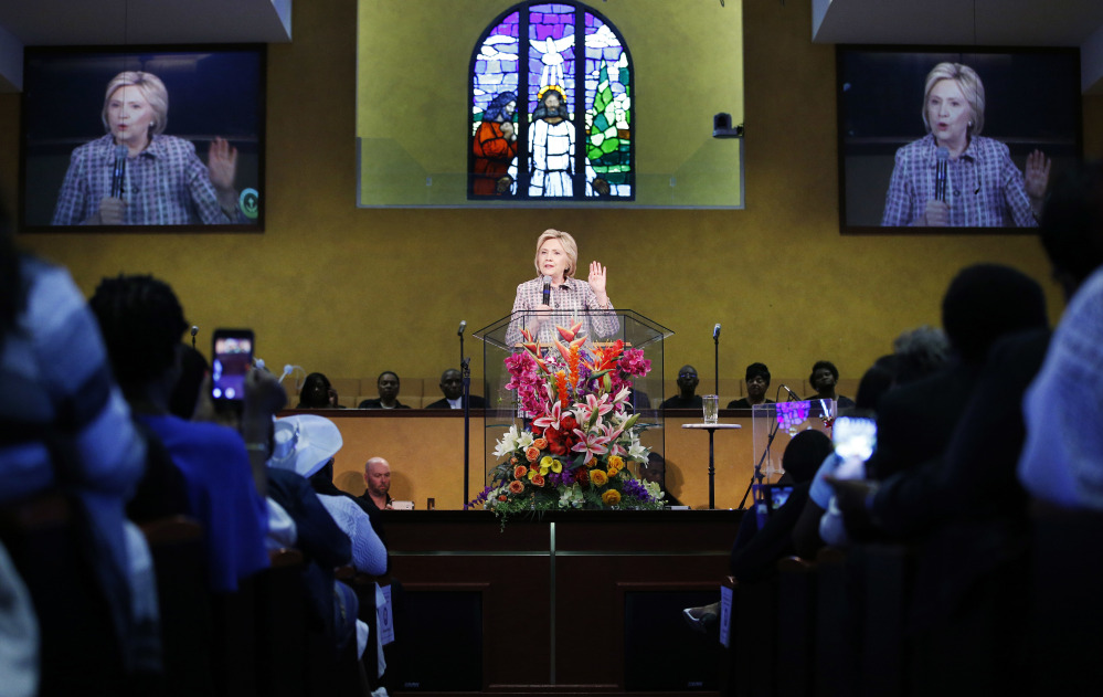 Democratic presidential candidate Hillary Clinton speaks Sunday at the Greater St. Paul Church in Oakland, Calif.