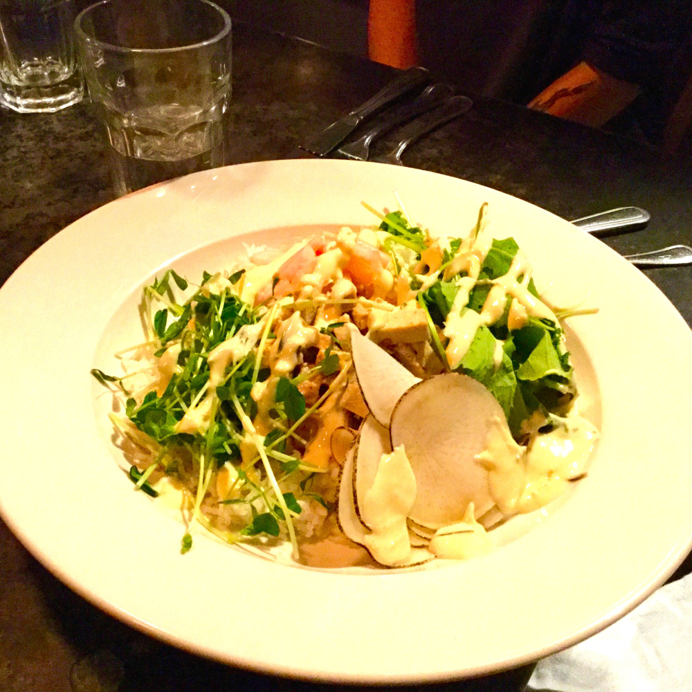 During V for All's vegan dinner, one of the entree choices was a rice bowl with marinated tofu, pickled vegetables, mustard greens, pea shoots and lemon aioli.