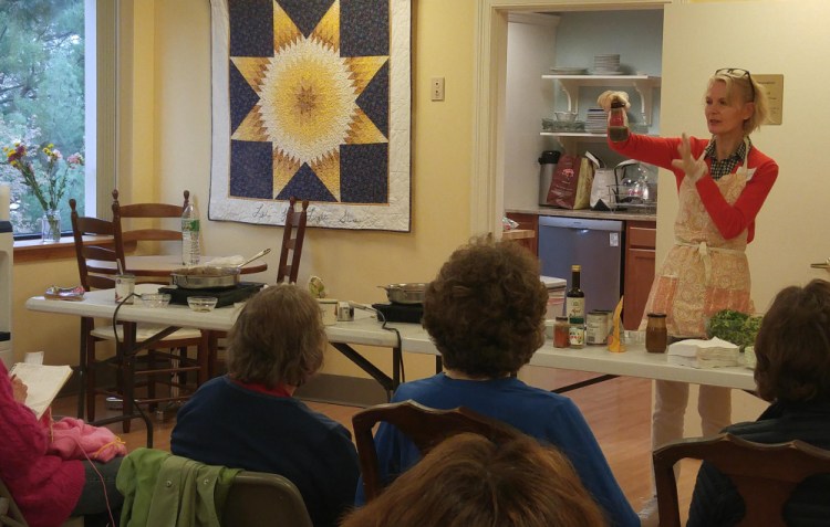 Kirsten Scarcelli, a founder of Plant IQ, conducts an Introduction to Plant-Based Eating presentation and cooking demonstration at the Cancer Community Center in South Portland.
