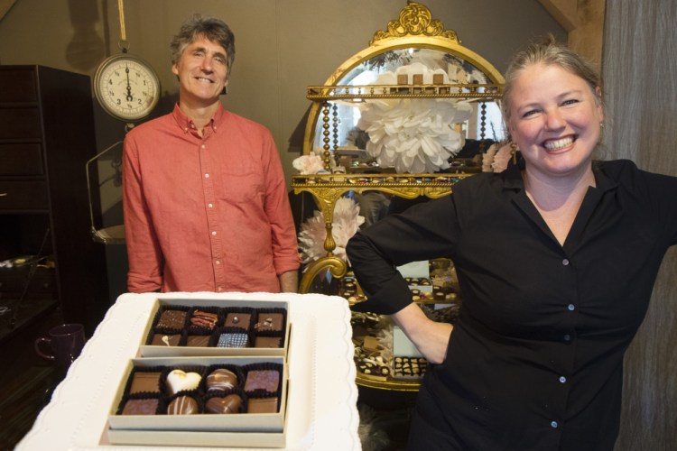 Steve and Kate Shaffer at their Black Dinah Chocolatiers shop in Westbrook. Married for 17 years, they have learned how to succeed as business partners.