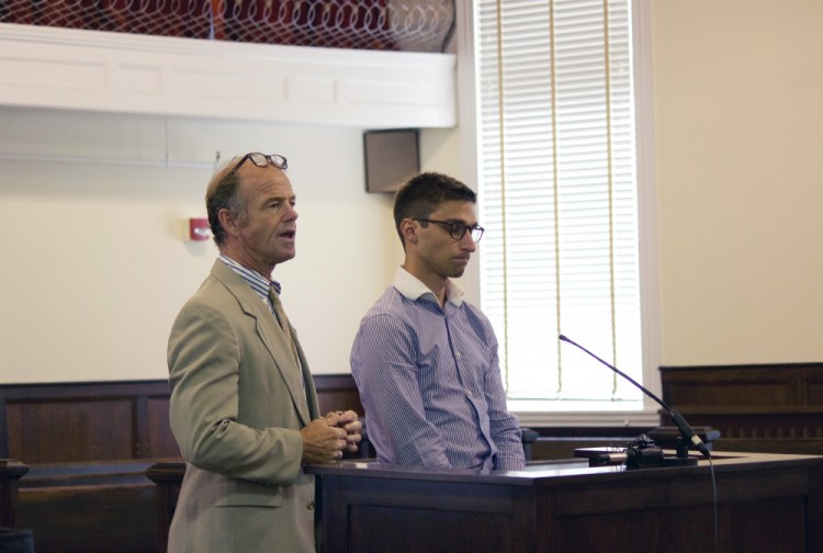 Lewiston attorney Allan Lobozzo, left, accompanies former Sacopee Valley High ed-tech Zachariah Sherburne, 24, who pleaded not guilty Wednesday in Oxford County Unified Court in South Paris to a charge that he had sex with a 16-year old student in Oxford.