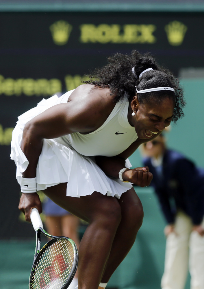 Serena Williams of the U.S celebrates a point against Amara Safikovic of Switzerland during their women's singles match on day two of the Wimbledon Tennis Championships in London on Tuesday.