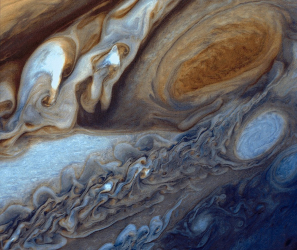 An image taken by the Voyager 1 probe shows Jupiter's Great Red Spot.