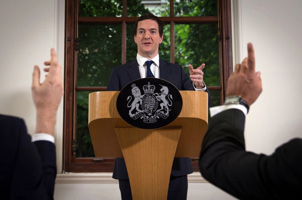British Chancellor of the Exchequer George Osborne speaks during a news conference at The Treasury in London Monday. In his first public appearance since the vote to leave the European Union Thursday, Osborne tried to reassure markets shaken by the result.
