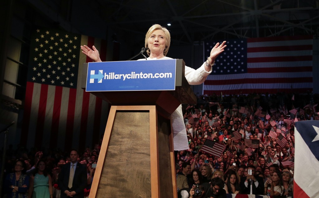 Democratic presidential candidate Hillary Clinton speaks during a presidential primary election night rally on Tuesday. 