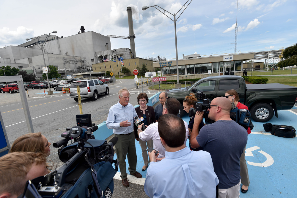 From left, Sen. Angus King, Sen. Susan Collins and Rep. Bruce Poliquin speak to reporters Friday after a tour of Sappi Fine Paper in Skowhegan.