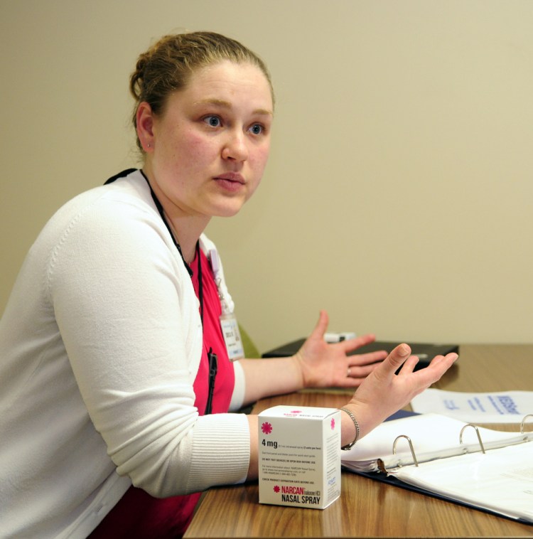 Erica Wegrzyn, a pharmacy resident, talks about the pilot Narcan program during an interview last month at MaineGeneral Medical Center in Augusta.